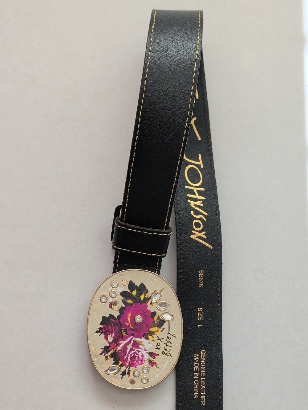Betsey Johnson Black Leather Belt with Floral Oval Buckle